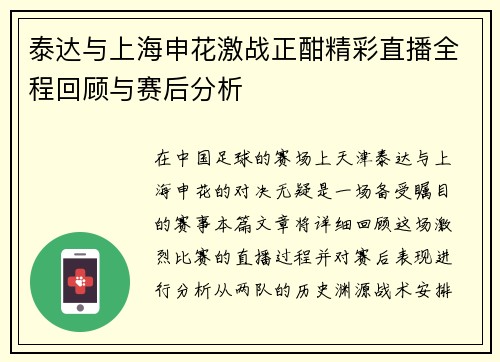 泰达与上海申花激战正酣精彩直播全程回顾与赛后分析
